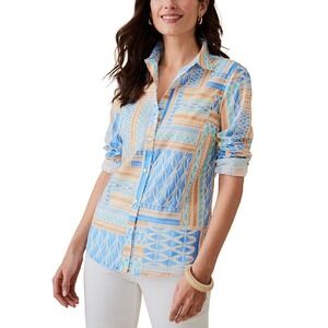 J.McLaughlin Lois Geometric Print Button Shirt Top M Blue Tan Lightweight Casual